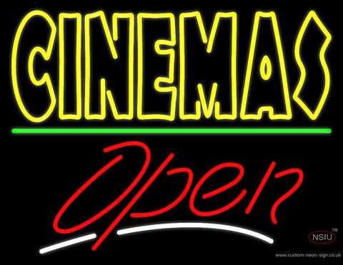 Yellow Double Stroke Cinemas Open Neon Sign