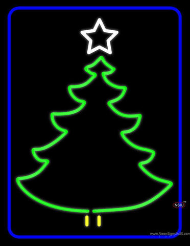 Blue Border Green Christmas Tree Logo Neon Sign 