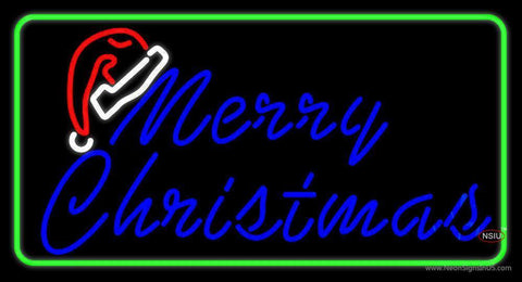 Green Border Merry Christams With Hat Neon Sign 