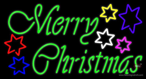 Green Merry Christmas With Multi Color Stars Neon Sign 