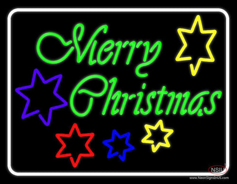 White Border Green Merry Christmas With Stars Neon Sign 