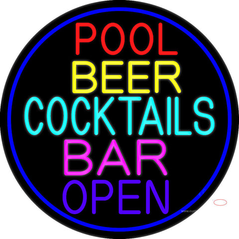 Cocktails Pool Beer Bar Open Neon Sign 