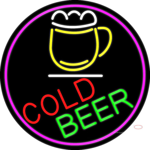 Cold Beer And Mug Oval With Pink Border Neon Sign