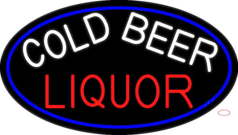 Cold Beer Liquor Oval With Blue Border Real Neon Glass Tube Neon Sign