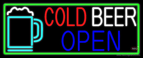 Cold Beer With Yellow Mug Open With Green Border Real Neon Glass Tube Neon Sign