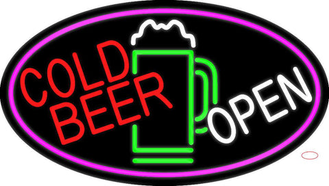 Cold Beer With Yellow Mug Open With Pink Border Real Neon Glass Tube Neon Sign