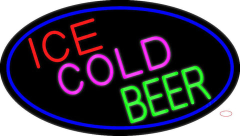 Ice Cold Beer Oval With Blue Border Real Neon Glass Tube Neon Sign