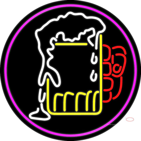 Overflowing Cold Beer Mug Oval With Pink Border Neon Sign