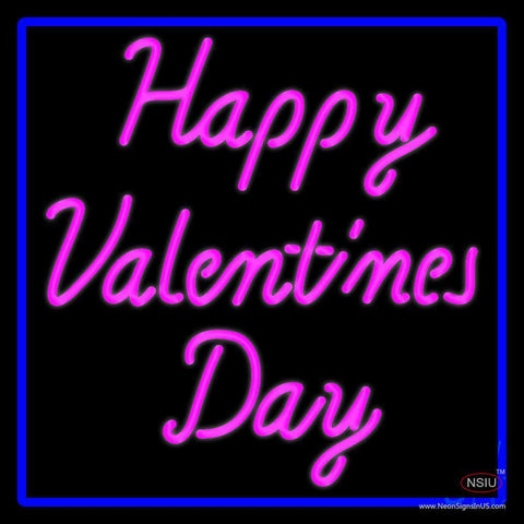 Pink Cursive Happy Valentines Day With Blue Border Neon Sign