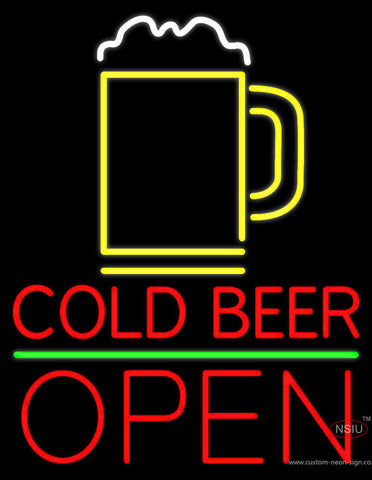Red Cold Beer With Yellow Mug Open Neon Sign 