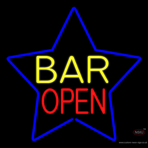 Yellow Bar Open Inside Blue Star Neon Sign