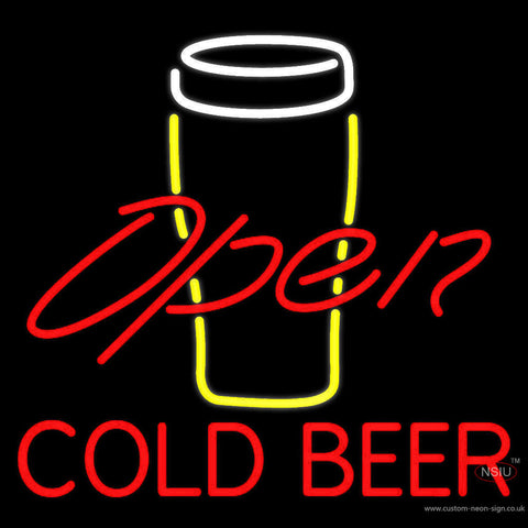 Yellow Glass With Cold Beer Open Neon Sign 