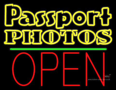 Passport Photos Block With Open  Neon Sign