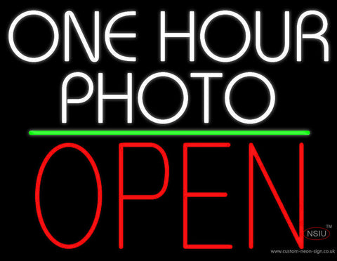 White One Hour Photo Open  Neon Sign 