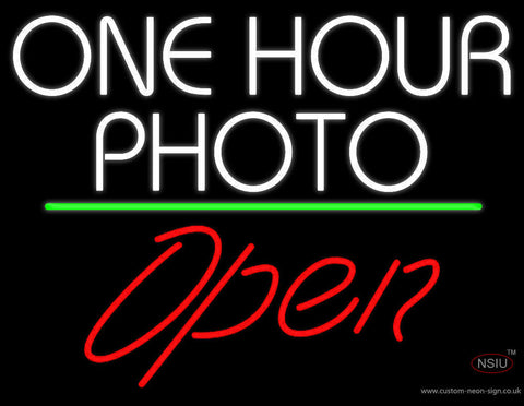 White One Hour Photo Open  Neon Sign 
