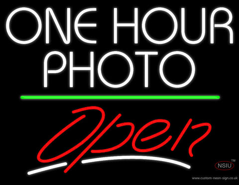 White One Hour Photo Open  Neon Sign 