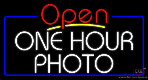 White One Hour Photo Open  Neon Sign 