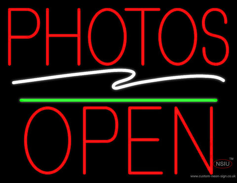 Red Photos Block With Open  Neon Sign 