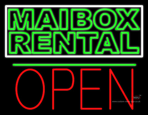 Green Mailbox Rental Block With Open  Neon Sign
