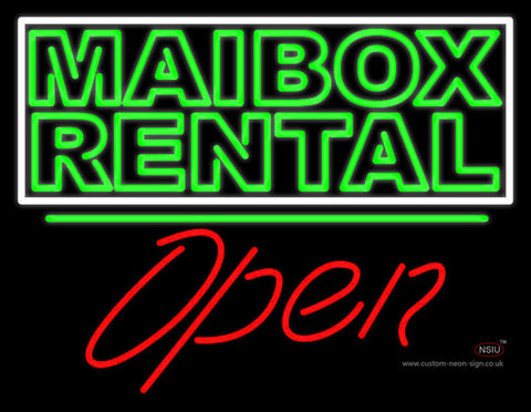 Green Mailbox Rental Block With Open  Neon Sign