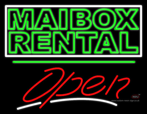 Green Mailbox Rental Block With Open  Neon Sign