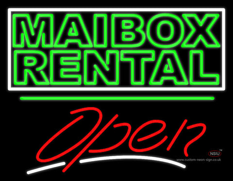 Green Mailbox Rental Block With Open  Neon Sign 