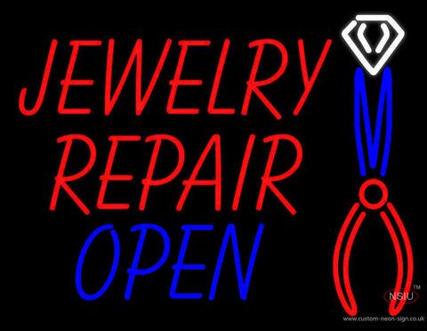 Red Jewelry Repair Blue Open Block Neon Sign