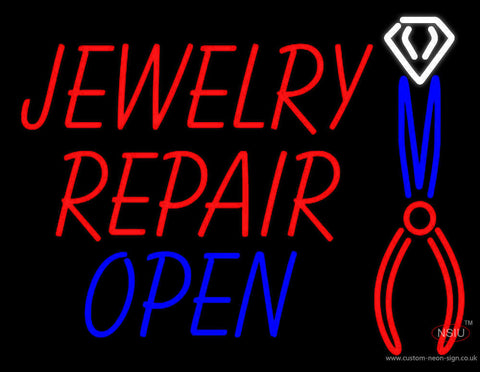 Red Jewelry Repair Blue Open Block Neon Sign 