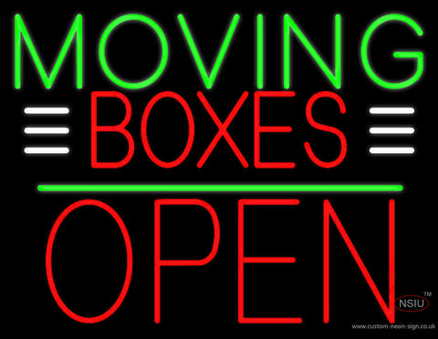 Red Moving Boxes Block Green Line With Open  Neon Sign