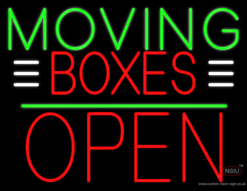 Red Moving Boxes Block Green Line With Open  Neon Sign 