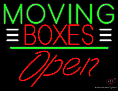 Red Moving Boxes Block Green Line With Open  Neon Sign