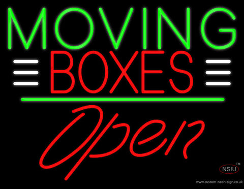 Red Moving Boxes Block Green Line With Open  Neon Sign 