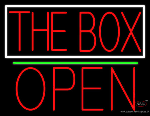 The Box Block With White Border With Open  Neon Sign