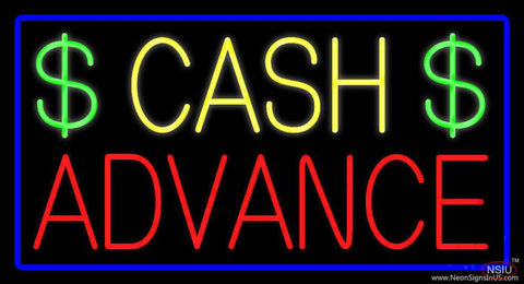 Yellow Cash Advance Dollar Logo Blue Border Real Neon Glass Tube Neon Sign 