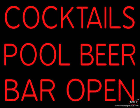 Cocktails Pool Beer Bar Open Real Neon Glass Tube Neon Sign