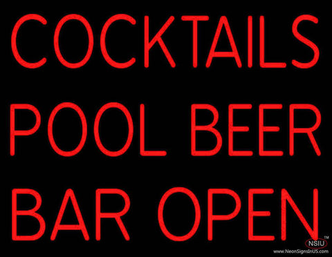 Cocktails Pool Beer Bar Open Real Neon Glass Tube Neon Sign 