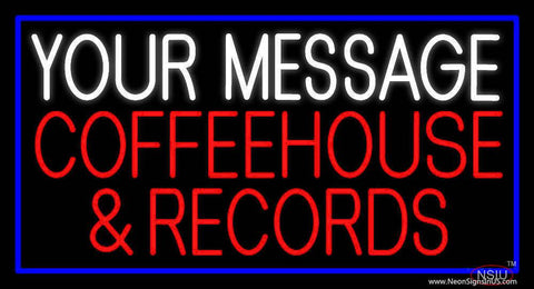 Custom Red Coffee House And Records Blue Border Real Neon Glass Tube Neon Sign 