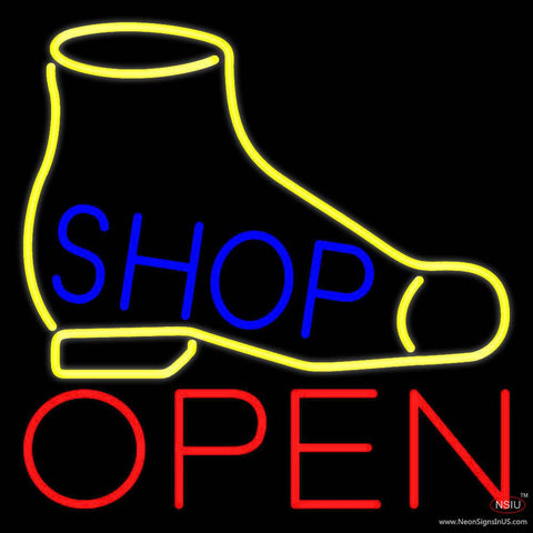 Yellow Shoe Blue Shop Open Real Neon Glass Tube Neon Sign