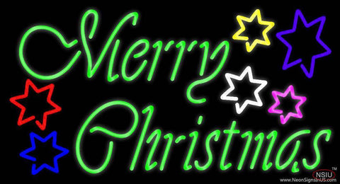 Green Merry Christmas With Multi Color Stars Real Neon Glass Tube Neon Sign 