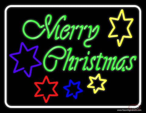 White Border Green Merry Christmas With Stars Real Neon Glass Tube Neon Sign 