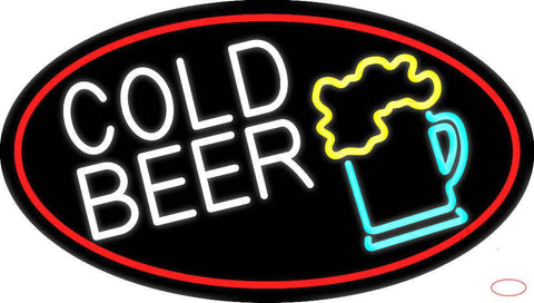 Cold Beer And Beer Mug Oval With Red Border Real Neon Glass Tube Neon Sign