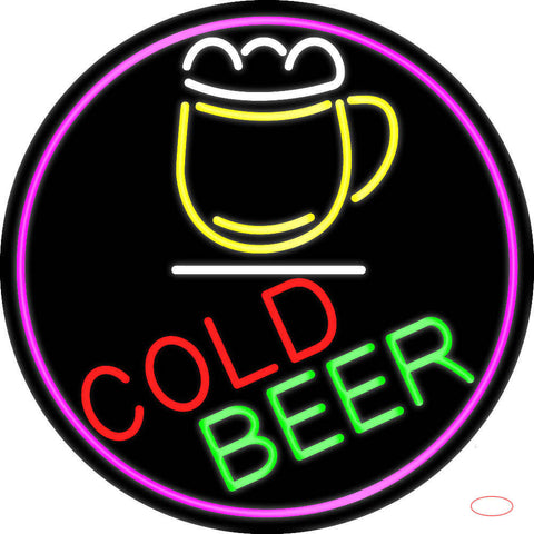 Cold Beer And Mug Oval With Pink Border Real Neon Glass Tube Neon Sign