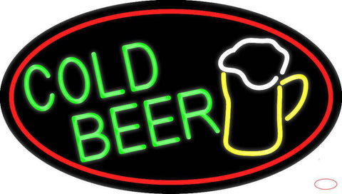 Cold Beer And Mug Oval With Red Border Real Neon Glass Tube Neon Sign