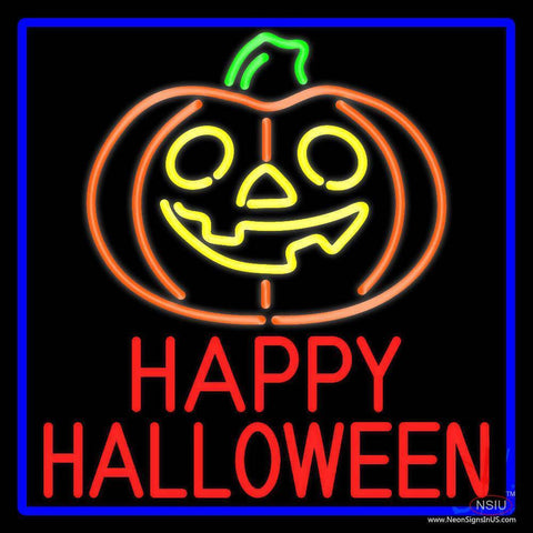 Happy Halloween Pumpkin With Blue Border Real Neon Glass Tube Neon Sign