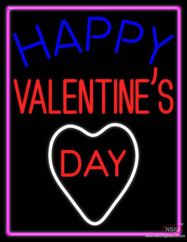 Happy Valentines Day With Pink Border Real Neon Glass Tube Neon Sign