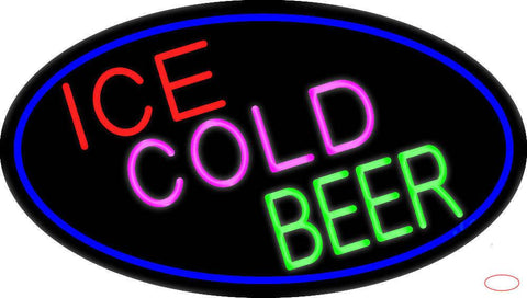 Ice Cold Beer Oval With Blue Border Real Neon Glass Tube Neon Sign