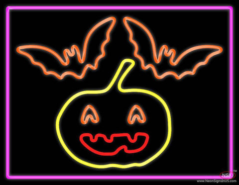 Pumpkin And Bats With Pink Border Real Neon Glass Tube Neon Sign