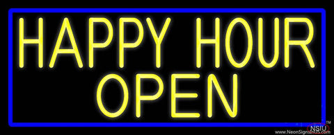 Yellow Happy Hour Open With Blue Border Real Neon Glass Tube Neon Sign