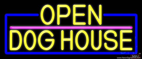 Yellow Open Dog House With Blue Border Real Neon Glass Tube Neon Sign 