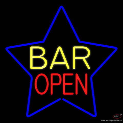 Yellow Bar Open Inside Blue Star Real Neon Glass Tube Neon Sign 